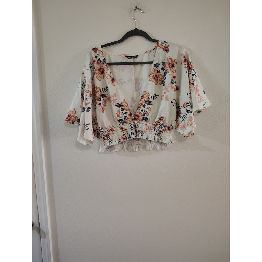SHEIN Womens XL Floral V-Neck Smocked Waist Flutter Sleeve Crop Top White Orange